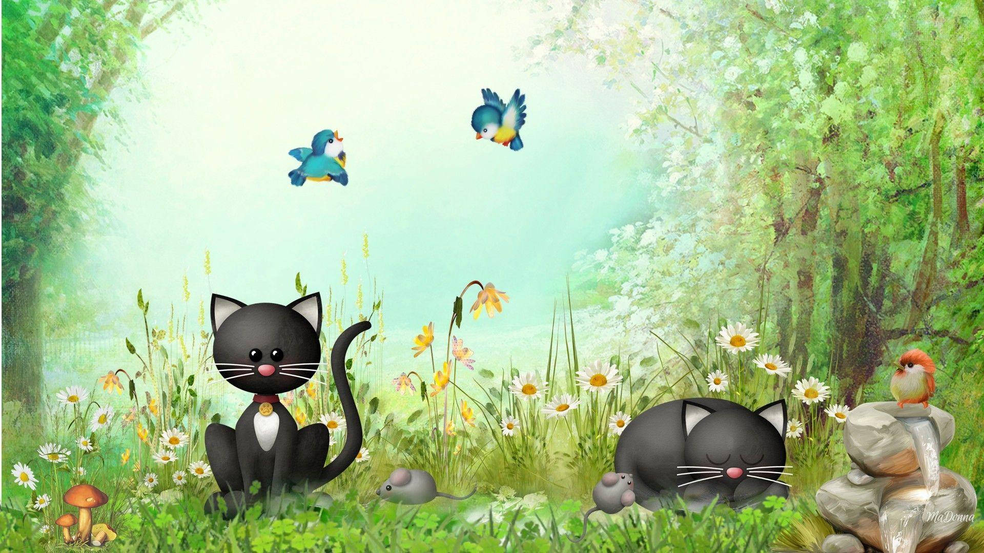 奇幻森林與動物 壁紙 — 兩隻卡通黑貓在陽光明媚的草地上放鬆，草地上有雛菊、蘑菇和頭頂飛過的鳥兒。