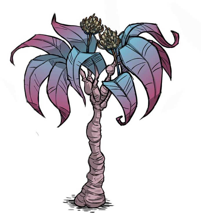 奇幻植物插畫 壁紙 — 一棵風格化的骷髏棕櫚樹，帶有漸變藍色和粉紅色的葉子以及頭骨狀的花朵，背景為黑色。