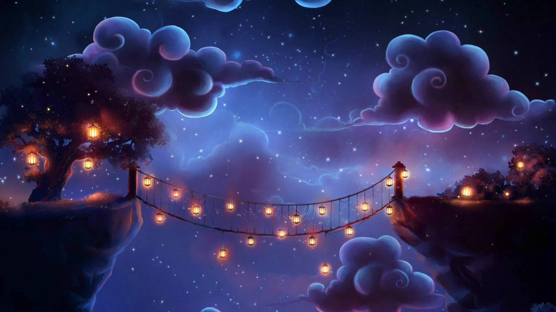 奇幻橋樑夜景 壁紙 — 一條發光的燈籠橋在懸崖邊的樹木之間延伸，下方是繁星點點的紫色夜空，雲朵翻滾。