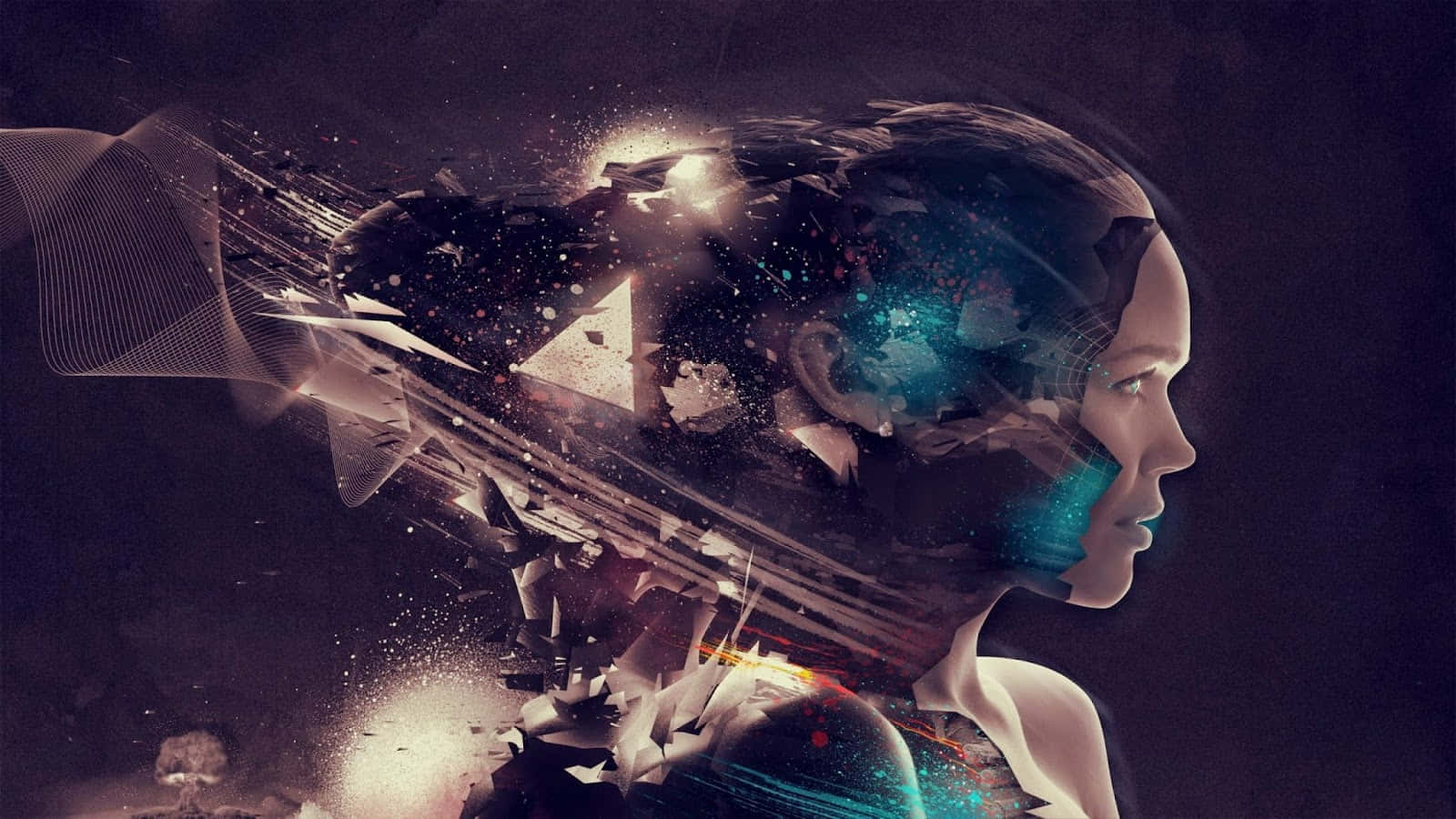 女人的側面，宇宙粒子和幾何碎片從她的頭部爆炸出來。