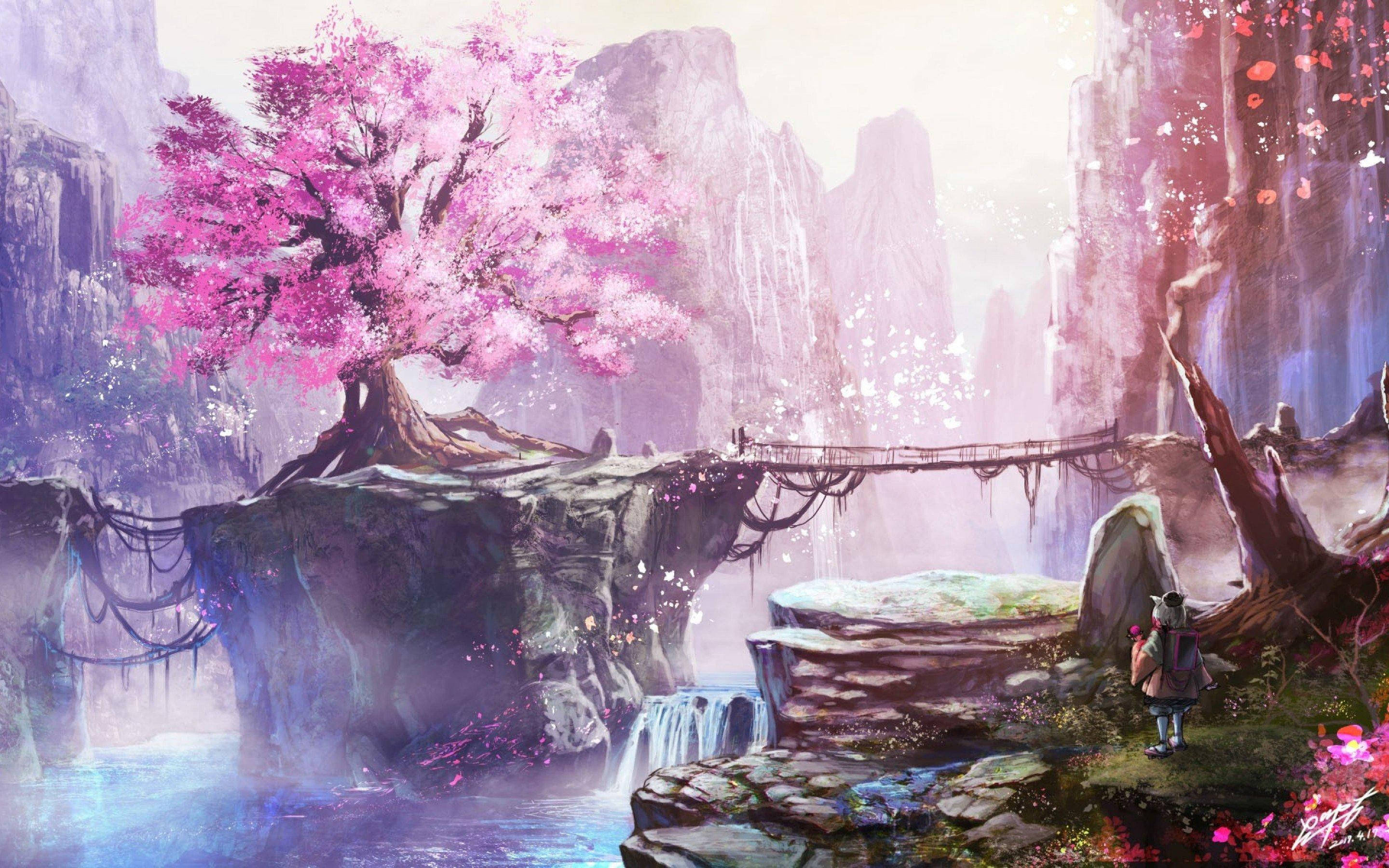 奇幻櫻花動漫筆電壁紙 壁紙 — 一個孤獨的身影站在懸崖邊一棵鮮豔的粉紅色櫻花樹下，俯瞰著一個夢幻山谷中的霧氣瀑布和石橋。