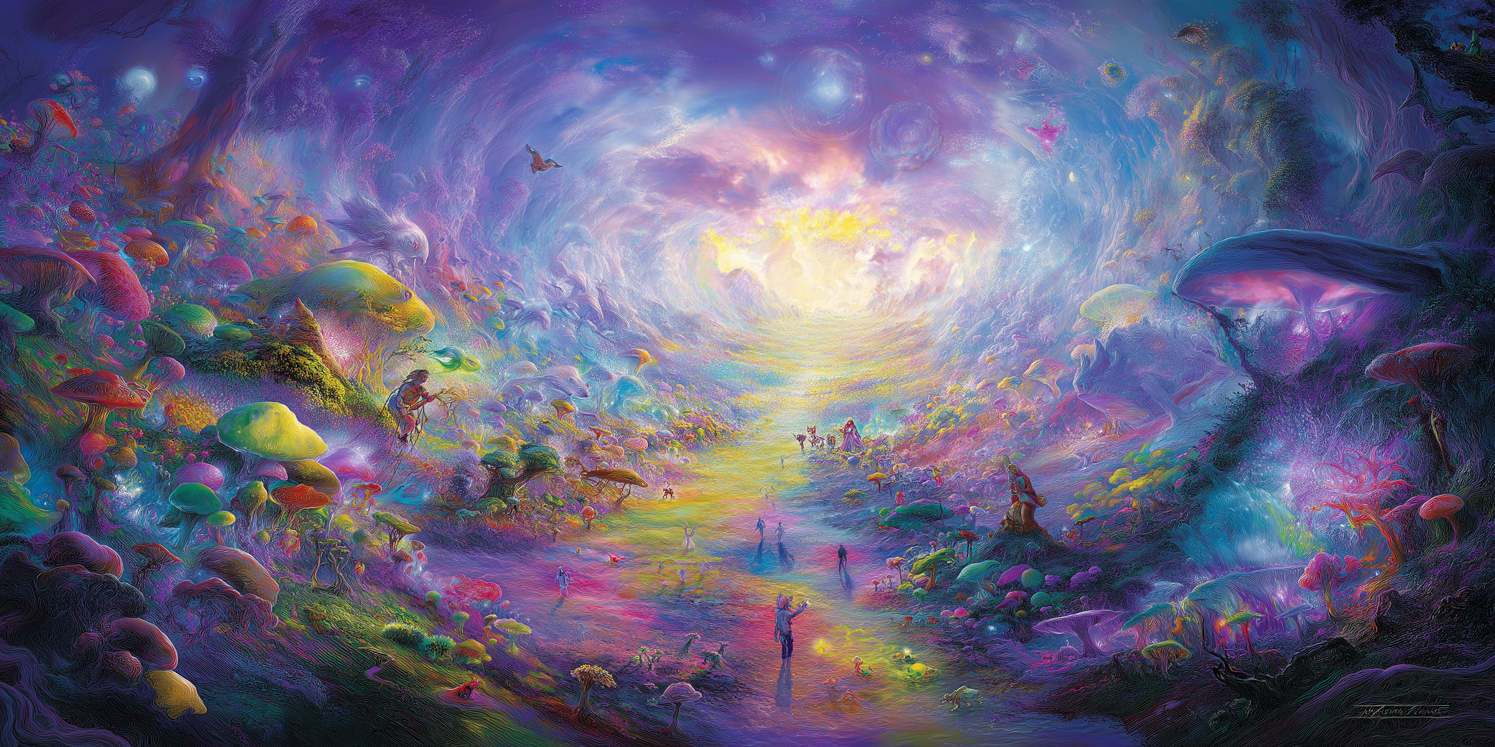 奇幻狼形萬花筒 壁紙 — 超現實奇幻景觀，有發光的蘑菇和微小的人物沿著發光的小徑走向燦爛的宇宙天空。