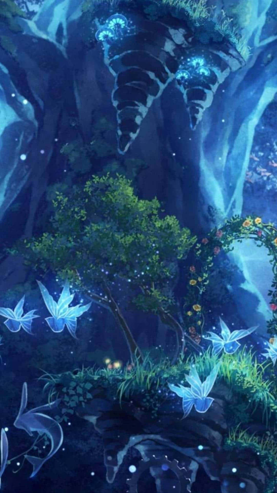 奇幻現代主義——為你的桌面打造精靈美學背景 壁紙 — 一個神秘的藍色洞穴，在星空下散發著發光的植物和漂浮的蝴蝶狀生物。