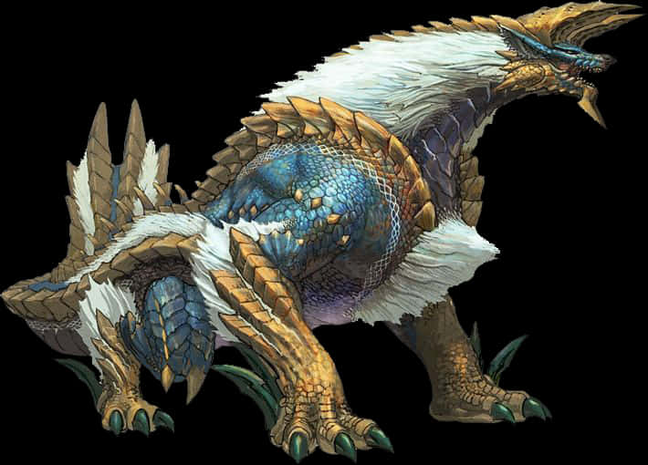 奇幻生物插畫 壁紙 — 一隻威嚴的藍金色鱗片怪物，白色毛髮和尖刺盔甲，站在黑色背景前。