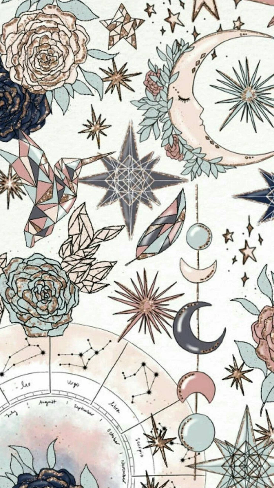 以柔和粉彩描繪月亮、星星、花朵和星座的天體設計。 — 美學白色動態圖 壁紙