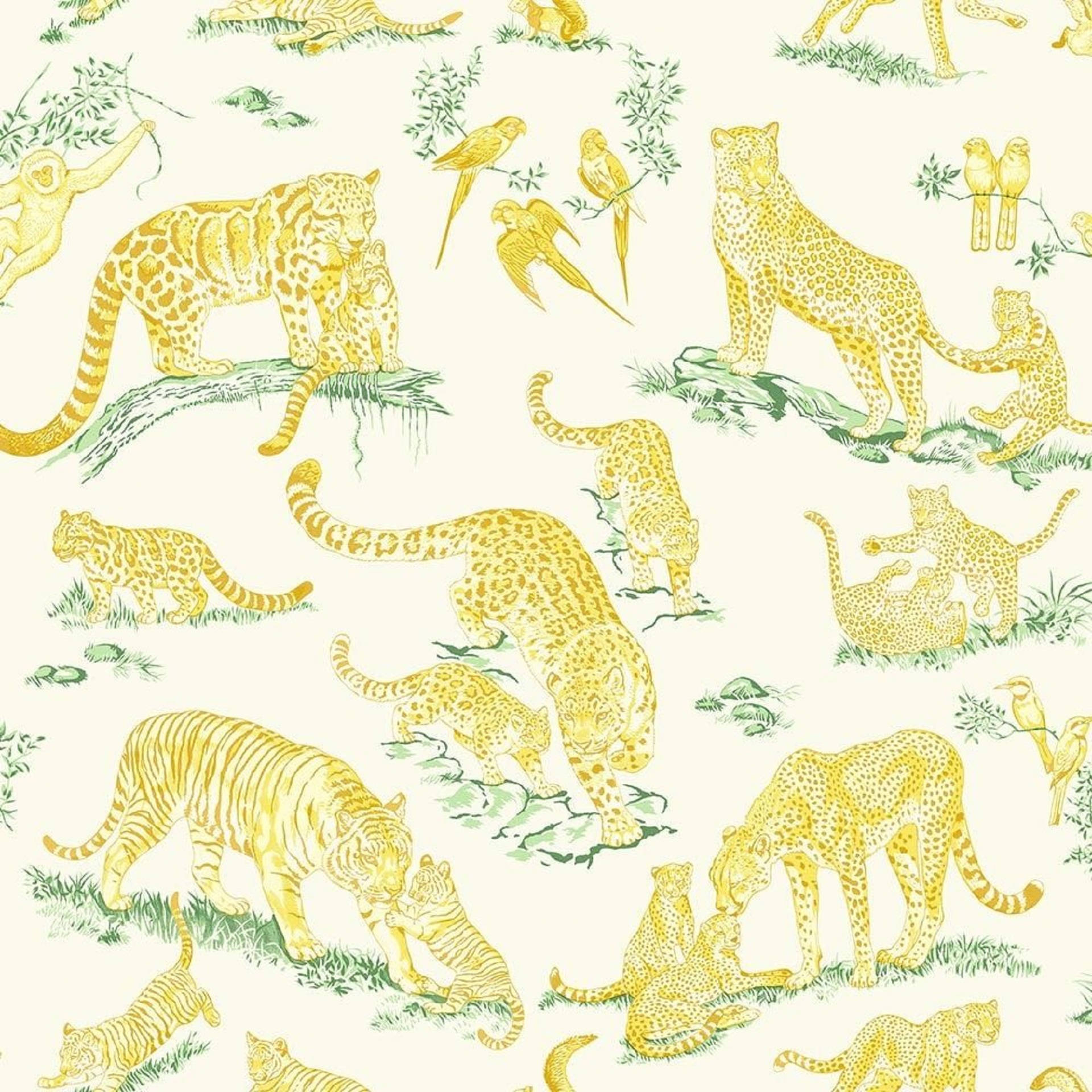 牆紙，奶油色背景上綠色樹葉中有金色豹、老虎和猴子。 — 美學白色動態圖 壁紙