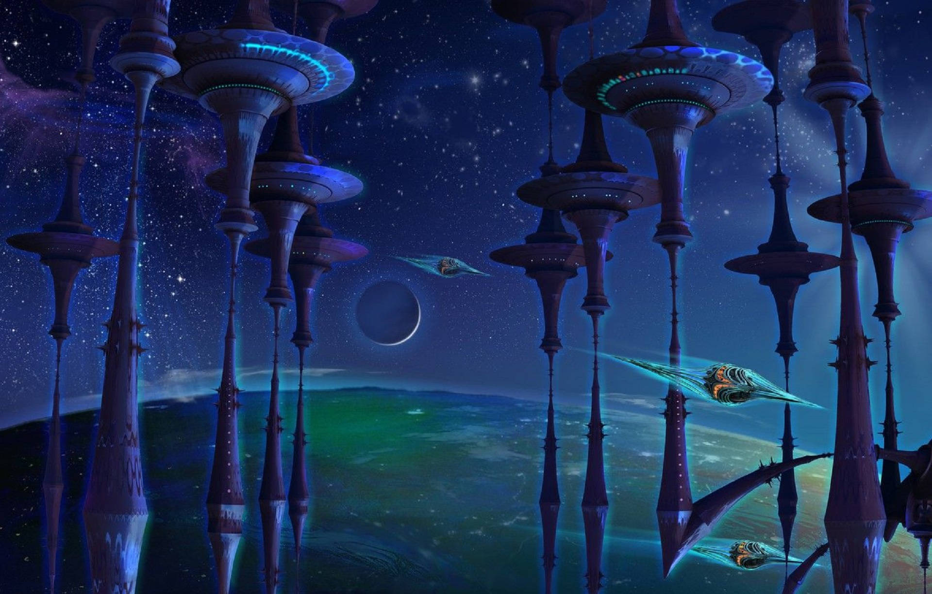 奇幻科幻太空站 壁紙 — 未來外星城市，發光塔樓和飛行船在星空宇宙背景下。