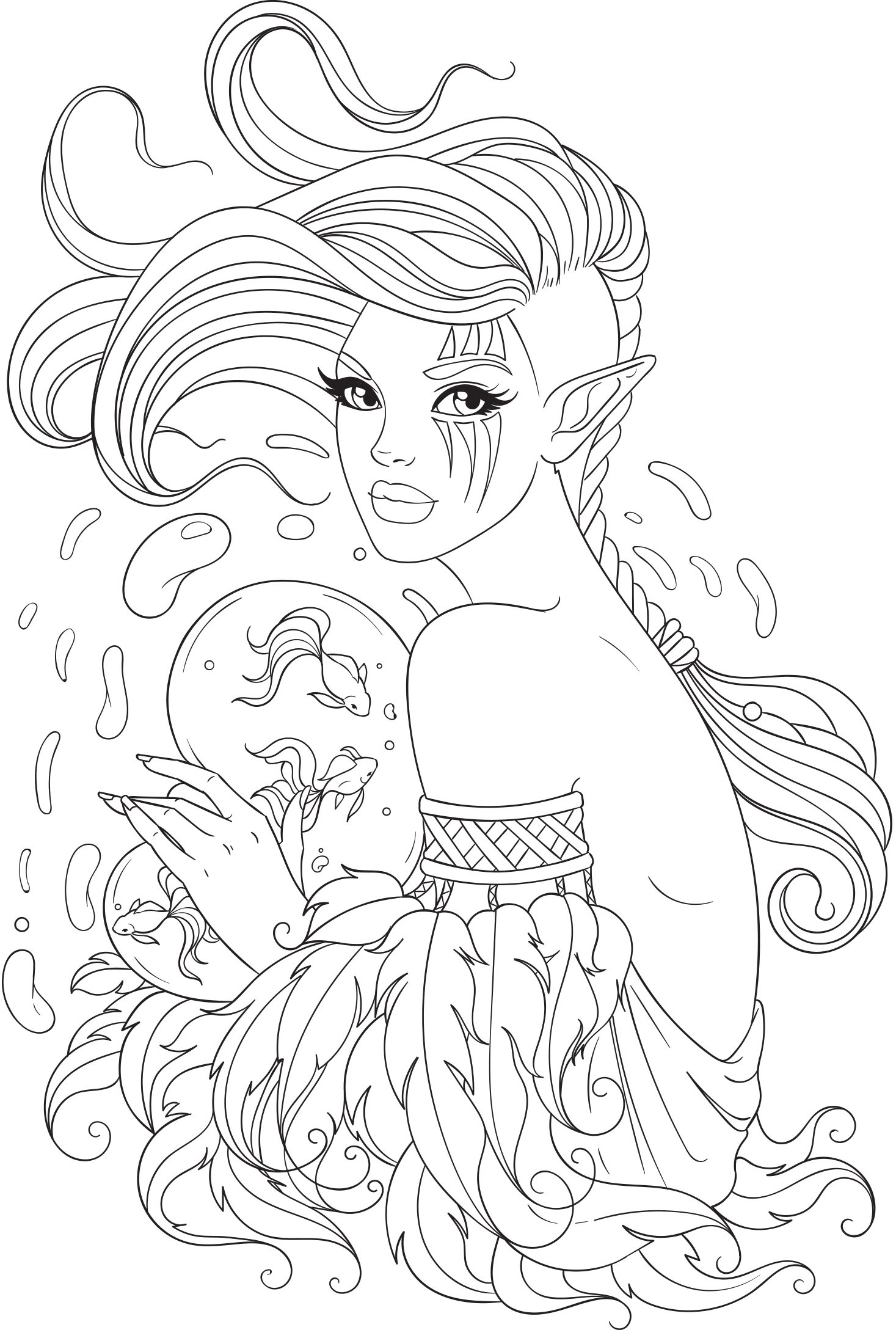 奇幻精靈塗鴉頁 壁紙 — 一個風格化的精靈女人，長髮飄逸，手持一個裝有魚的魚缸，背景為純綠色。