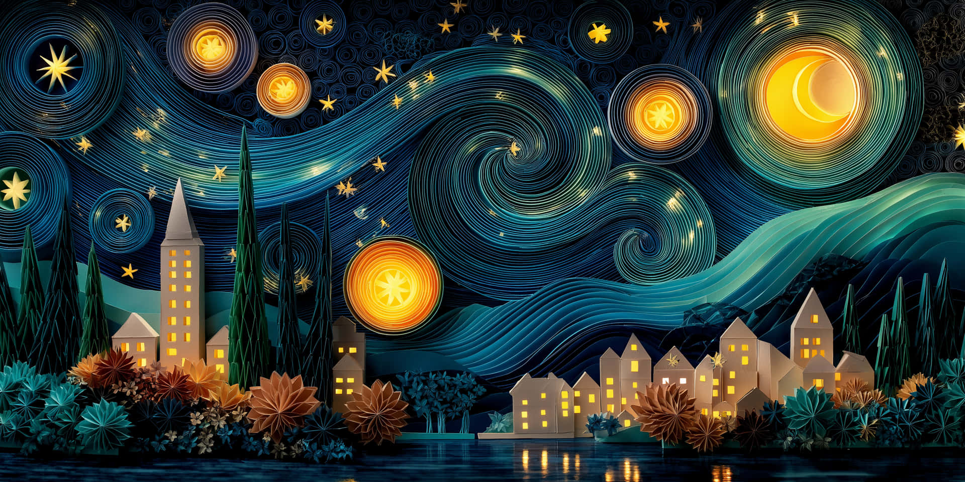 一個剪紙夜景，發光的月亮和星星在一個窗戶亮著燈的村莊上方。