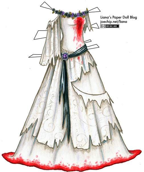 奇幻紙娃娃禮服插畫 壁紙 — 一件破爛的白色婚紗，帶有花冠和紅色血跡，背景是星光點點的黑色。
