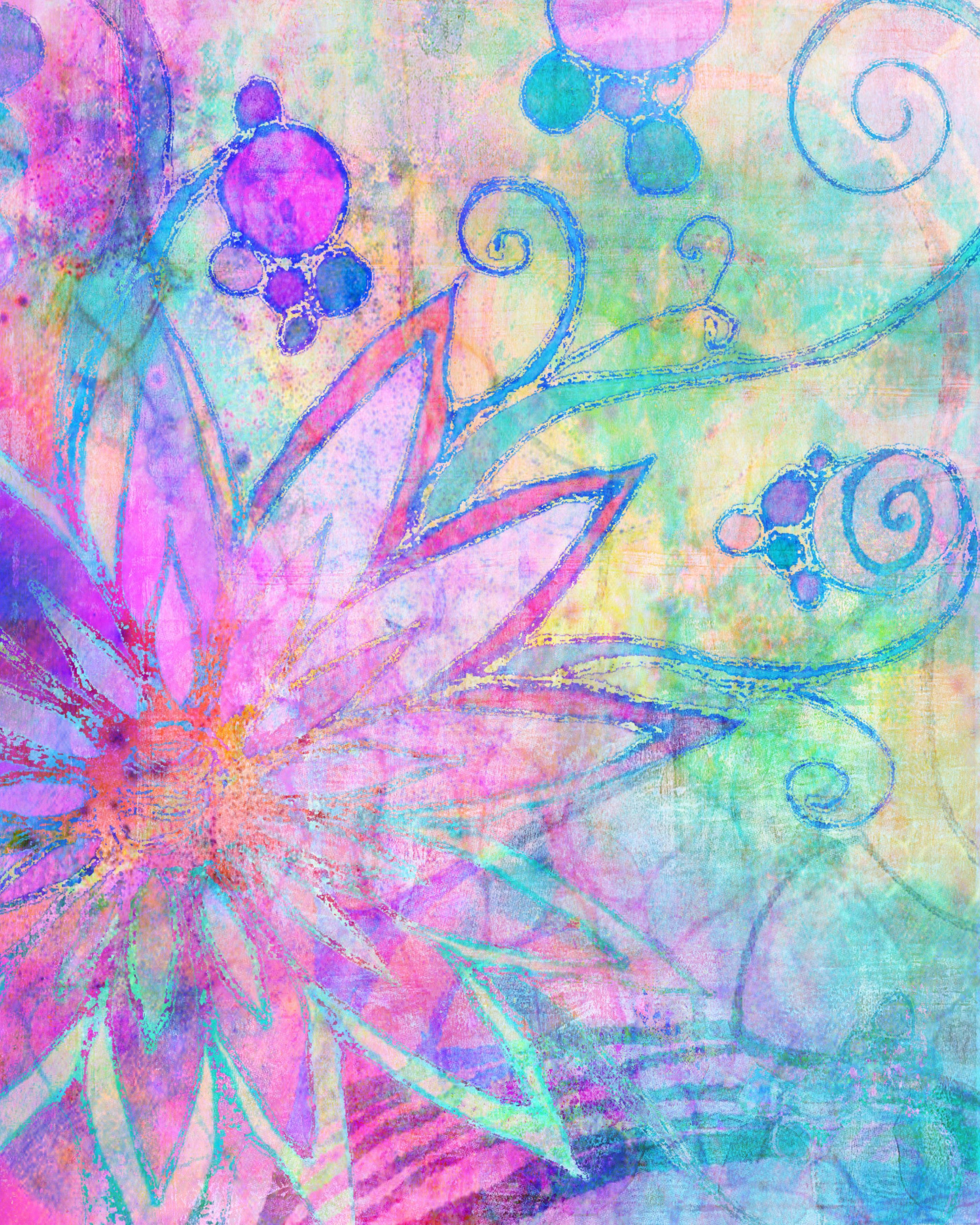 奇幻紫色花朵 壁紙 — 一幅充滿活力的抽象花卉藝術作品，帶有旋轉的卷鬚和發光的紫色、粉紅色和藍綠色色調，背景帶有紋理。