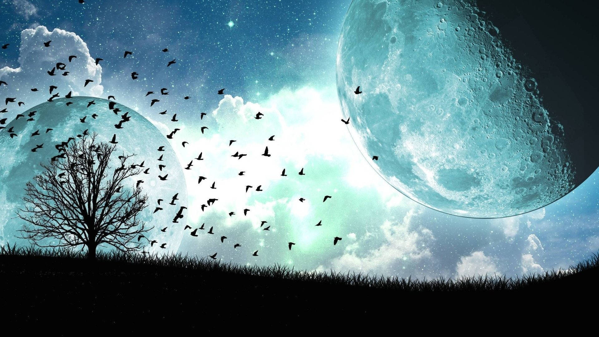 星空下，兩個大月亮之間飛翔的鳥兒和一棵禿樹的剪影。