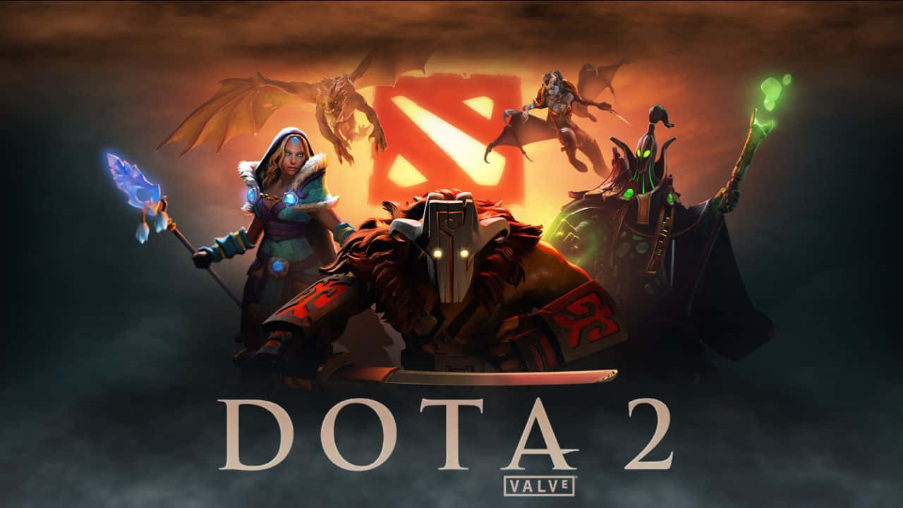 Dota 桌布 壁紙 — 奇幻英雄與巨龍在發光的 Dota 2 標誌下，於戲劇性的黑暗燈光中交鋒。