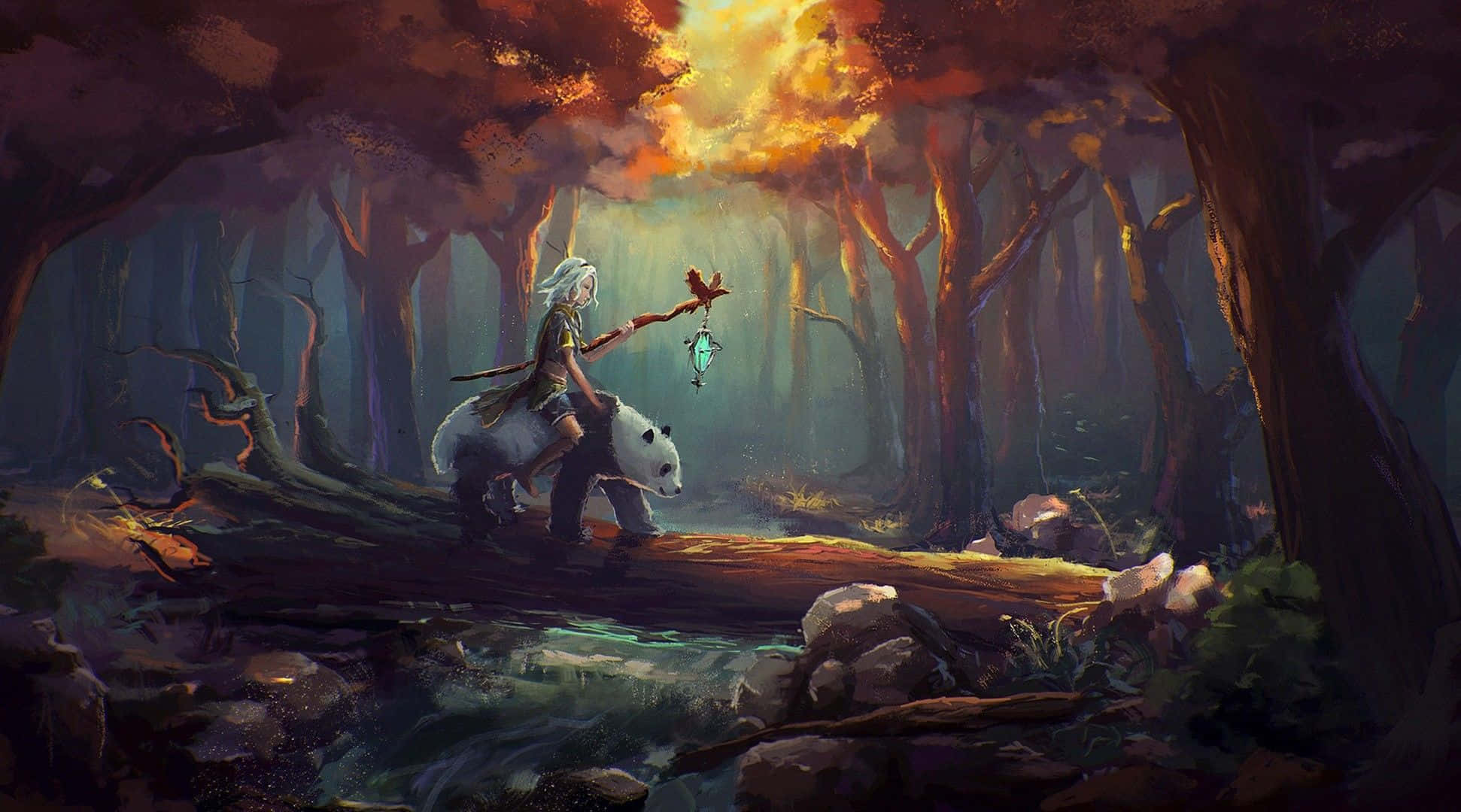 奇幻藝術的夢幻景觀 壁紙 — 一個白髮的孤獨身影騎著熊貓穿過日落時分的神秘森林，手持發光燈籠。