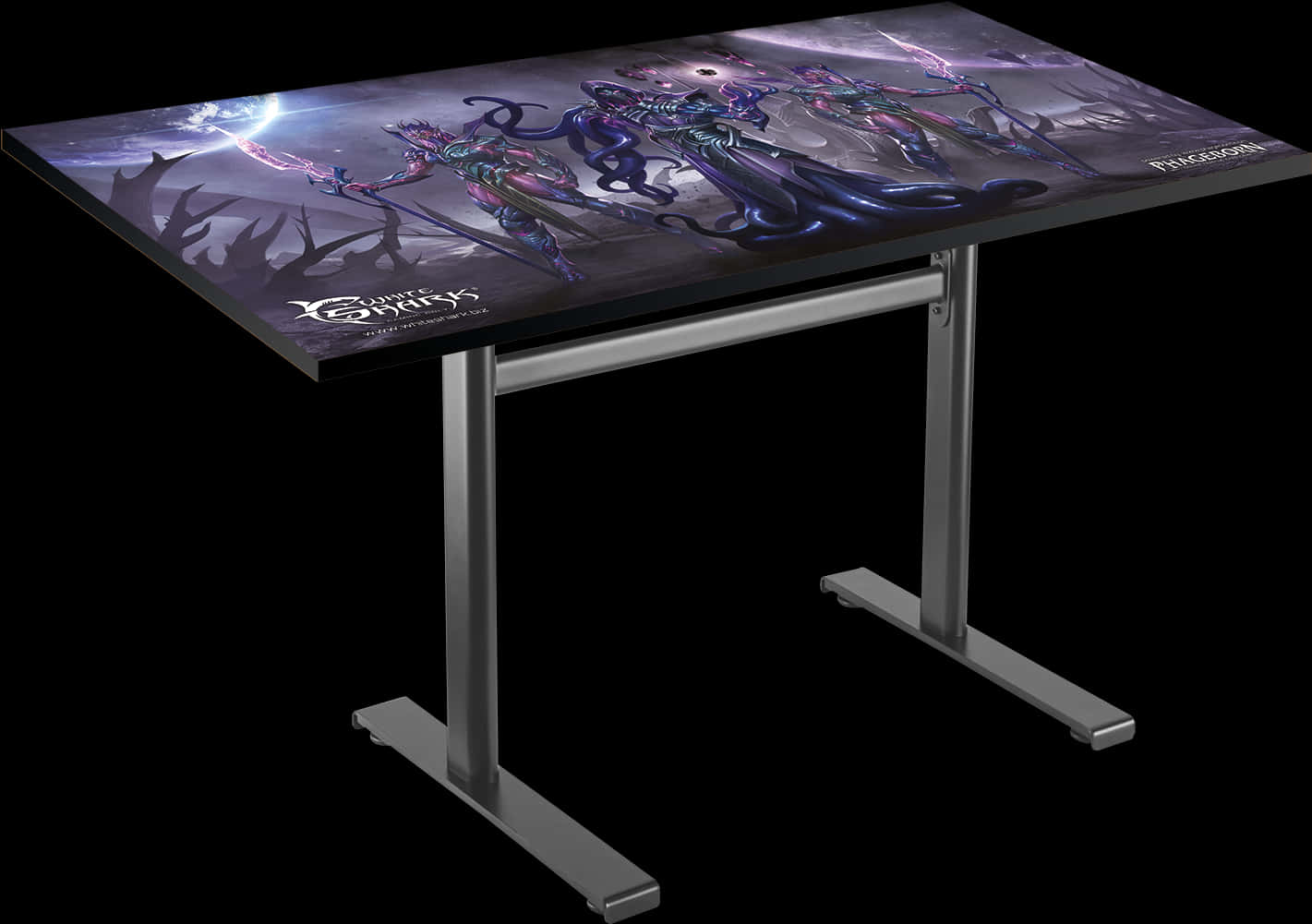 奇幻藝術遊戲桌 壁紙 — 一張時尚的遊戲桌，上面有生動的奇幻藝術作品，描繪了發光的紫色和藍色盔甲人物在黑暗風暴背景下揮舞魔法武器。