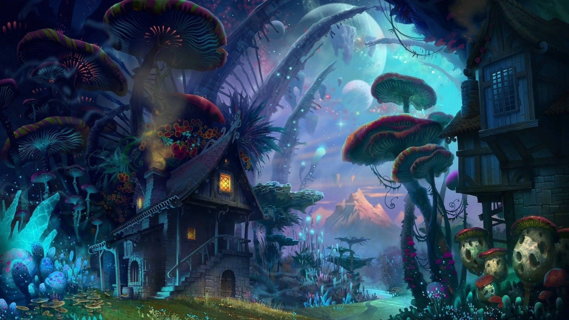 奇幻蘑菇村 壁紙 — 一間奇幻小屋隱藏在巨型發光蘑菇之間，上方是繁星點點的外星天空，漂浮著球體。