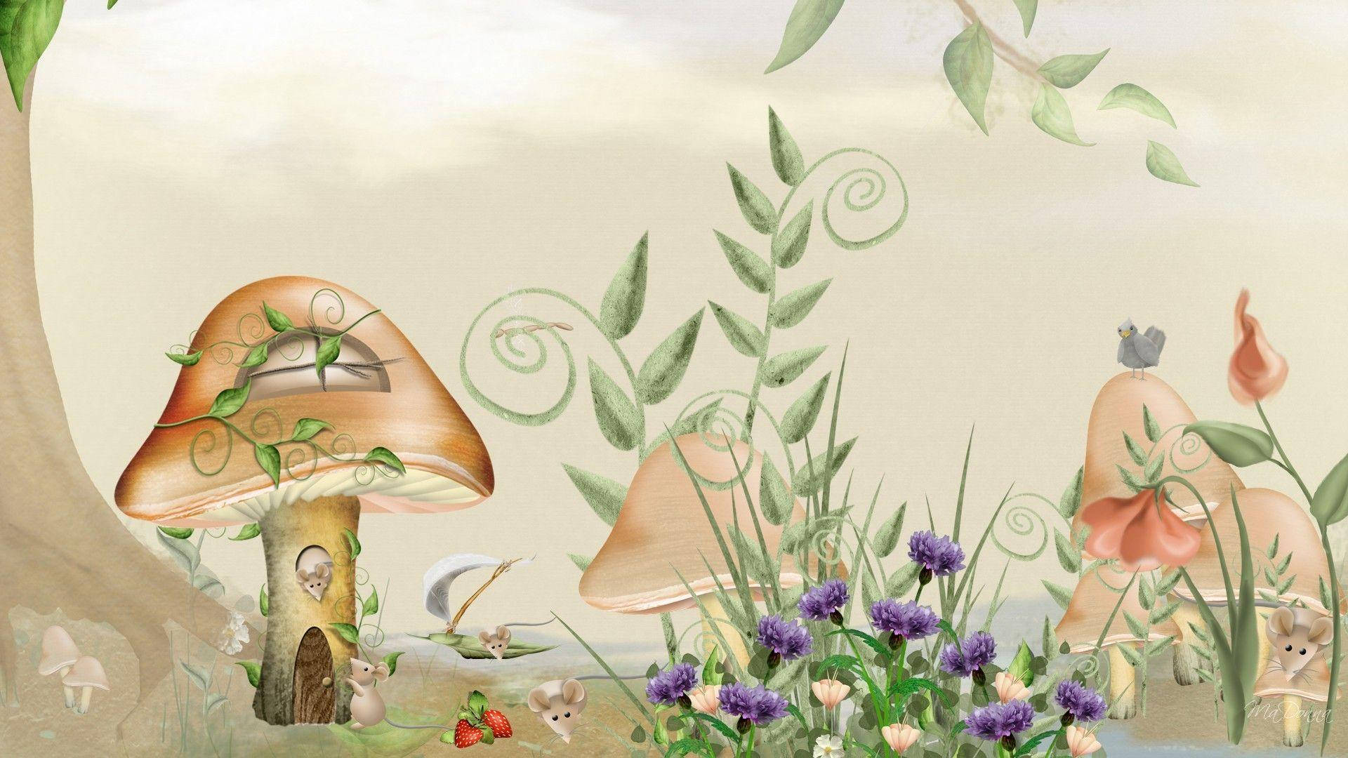 奇幻蘑菇與老鼠 壁紙 — 陽光普照的森林空地中，童話般的蘑菇小屋，伴隨著小老鼠和紫色花朵。