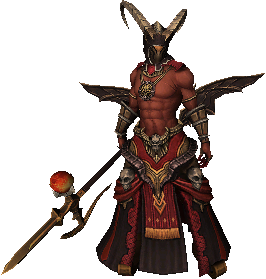 奇幻裝甲戰士持矛 壁紙 — 一個肌肉發達的惡魔戰士，長著公羊角和蝙蝠般的翅膀，在黑色背景下揮舞著一把火焰劍。
