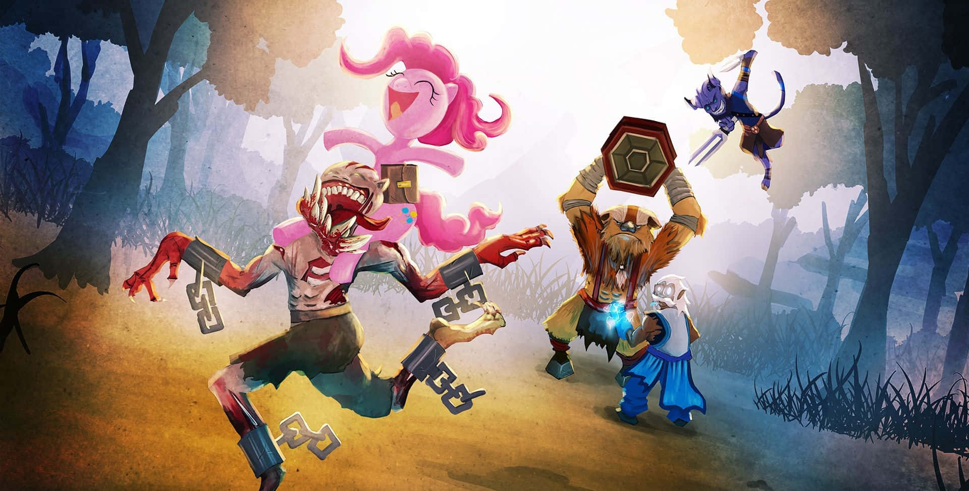 Earthshaker 桌布 壁紙 — 奇幻角色在薄霧森林中戰鬥，閃爍魔法與動態姿勢，沐浴在柔和黎明之光下。