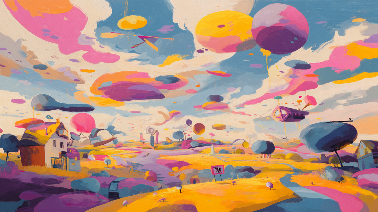 奇幻超現實背景 壁紙 — 超現實的風景，漂浮著色彩繽紛的球體和奇特的房屋，天空如夢似幻。