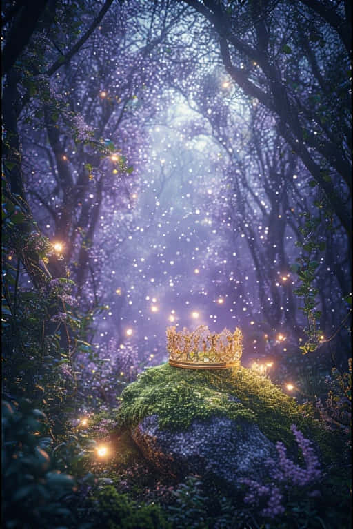 金色皇冠在長滿苔蘚的石頭上，發光的紫色魔法森林與螢火蟲