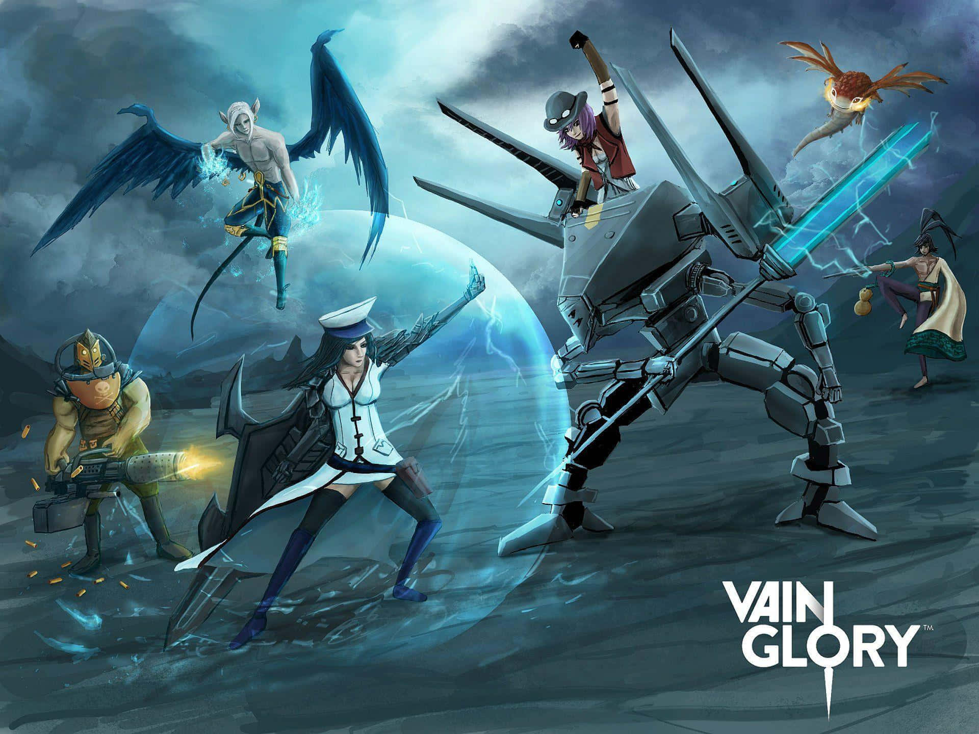 Vainglory 桌布 壁紙 — 奇幻遊戲角色以魔法和機甲在暴風雨的天空和發光的藍色球體前戰鬥。