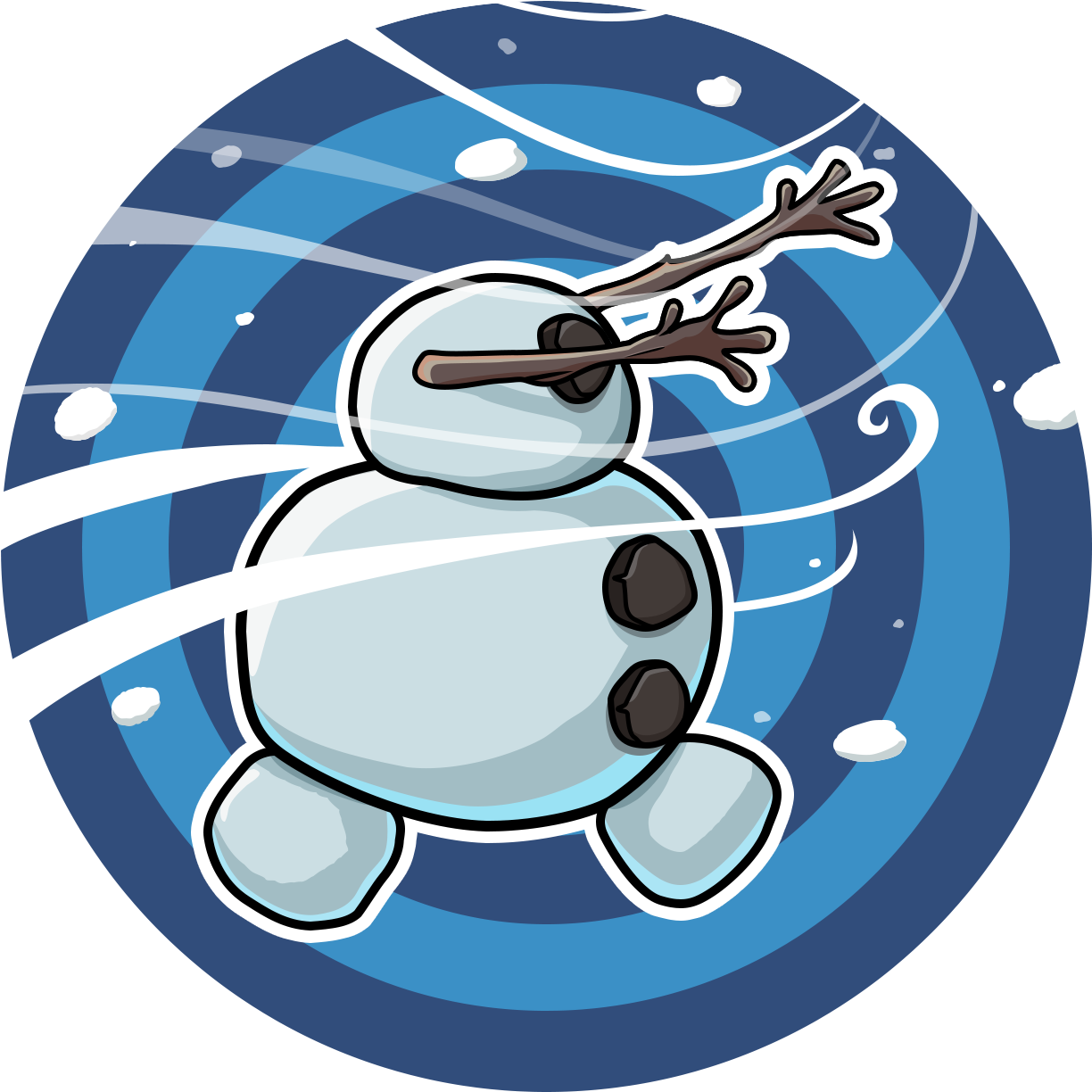 奇幻雪人卡通 壁紙 — 一個卡通雪人，有樹枝手臂和煤炭鈕扣，在旋轉的藍色冬季背景中快樂地旋轉。