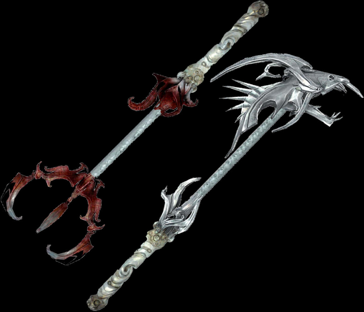 奇幻龍與惡魔武器 壁紙 — 兩把華麗的奇幻武器，帶有龍形圖案和紅色金屬裝飾，背景為黑色。