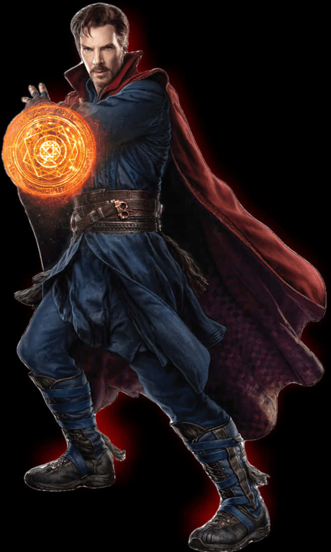 奇異博士施展神秘魔法，背景為魔法陣與光效