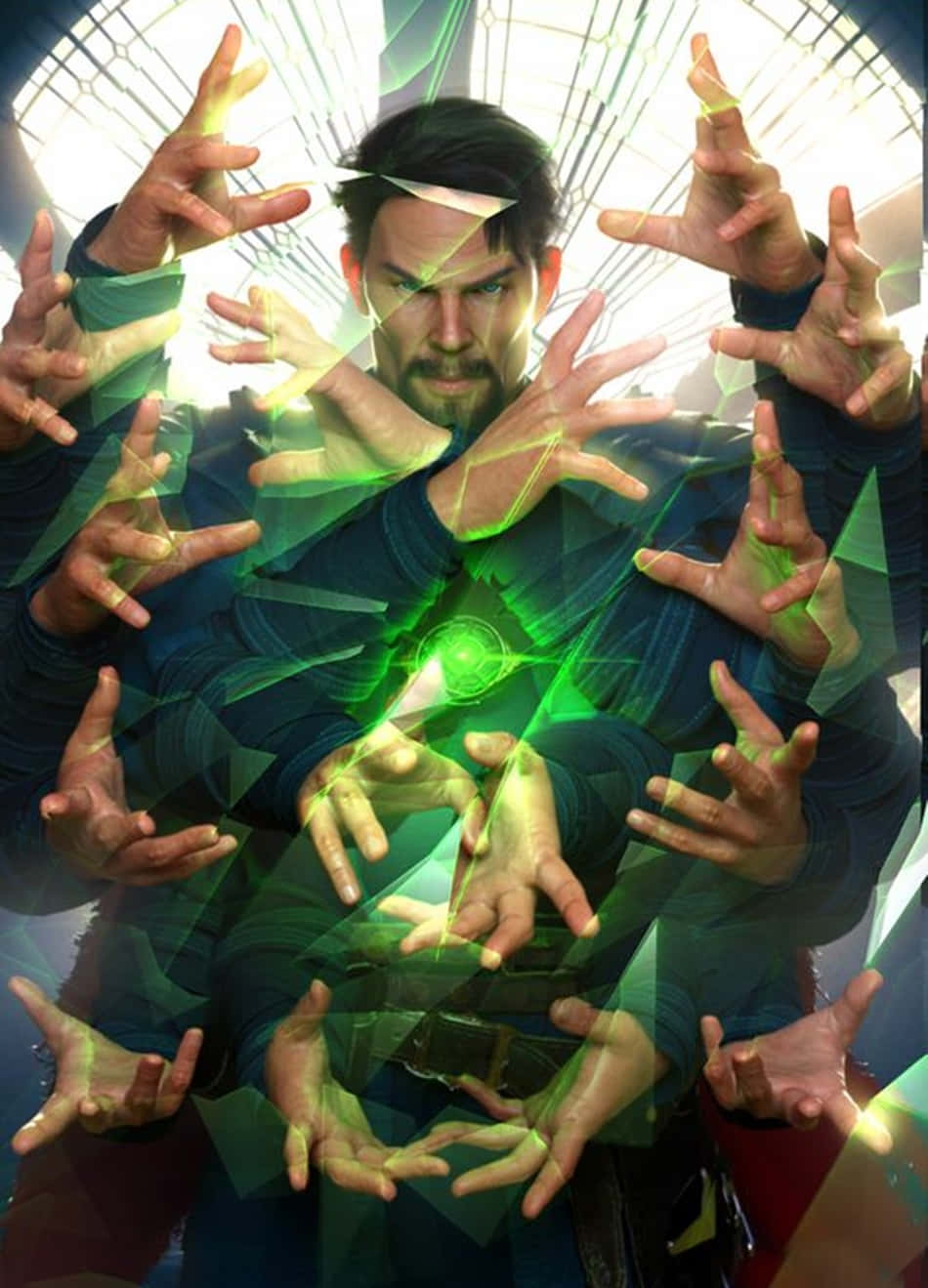 一個被從胸口通過多隻手散發出的發光綠色能量包圍的男人。