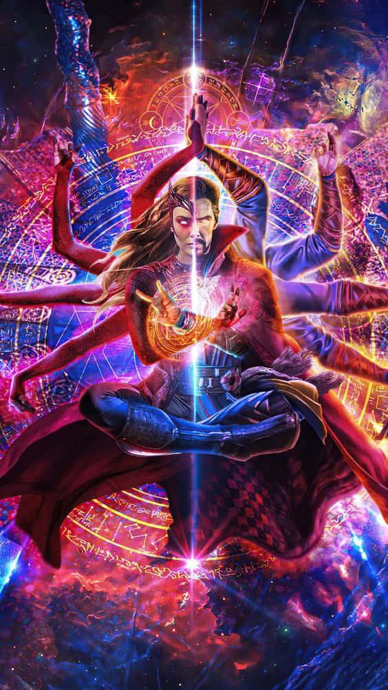 奇異博士以冥想姿勢被宇宙能量和神秘符號包圍。