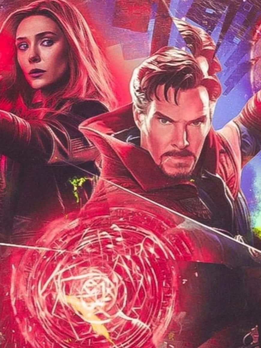 奇异博士穿越神秘多元宇宙 壁紙 — Wanda Maximoff 與奇異博士以動感超級英雄姿勢，周圍環繞著發光的紅色神秘能量。