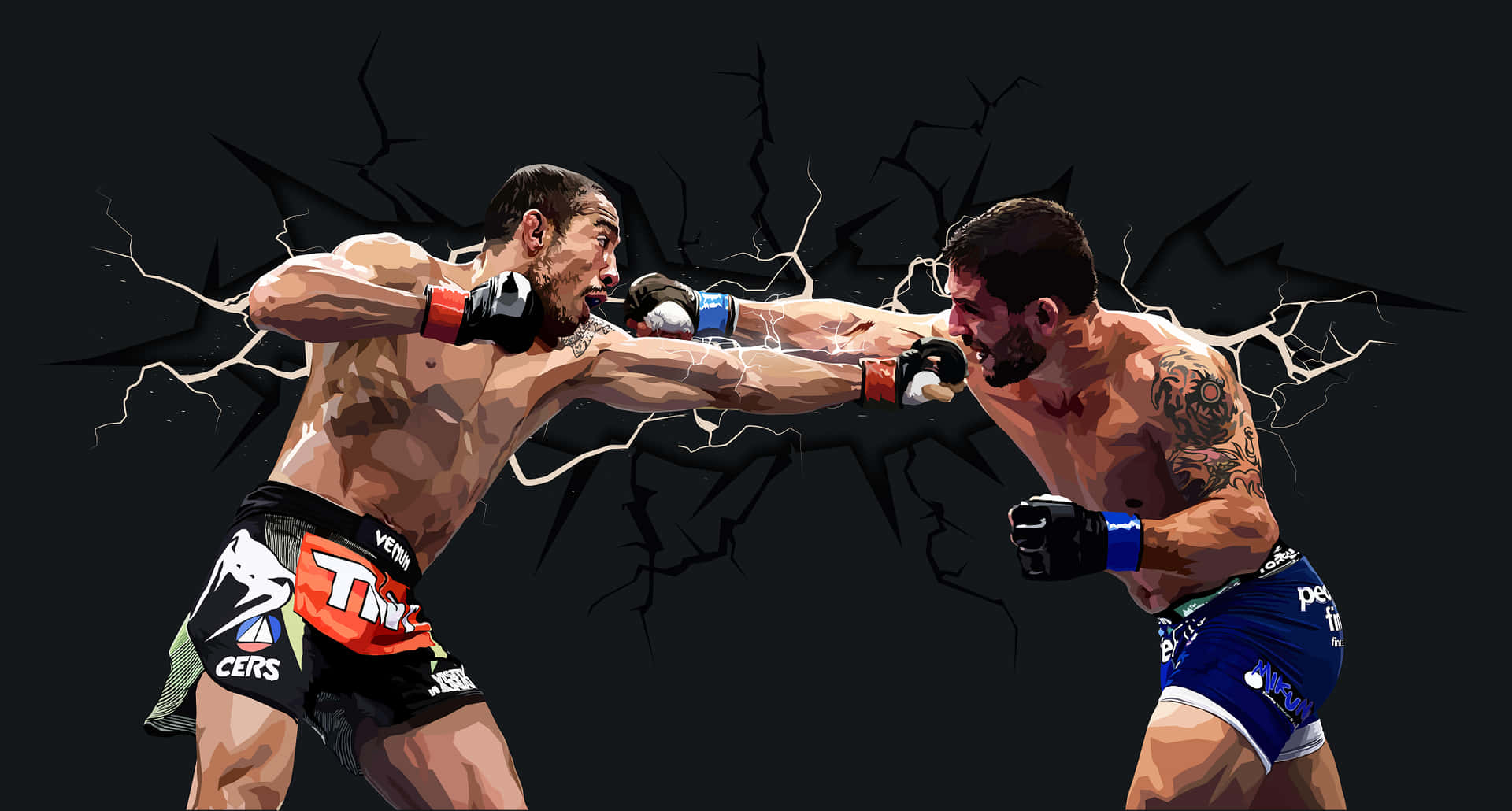 兩名身穿MMA裝備的男性拳手，以電擊效果交換強力拳擊。