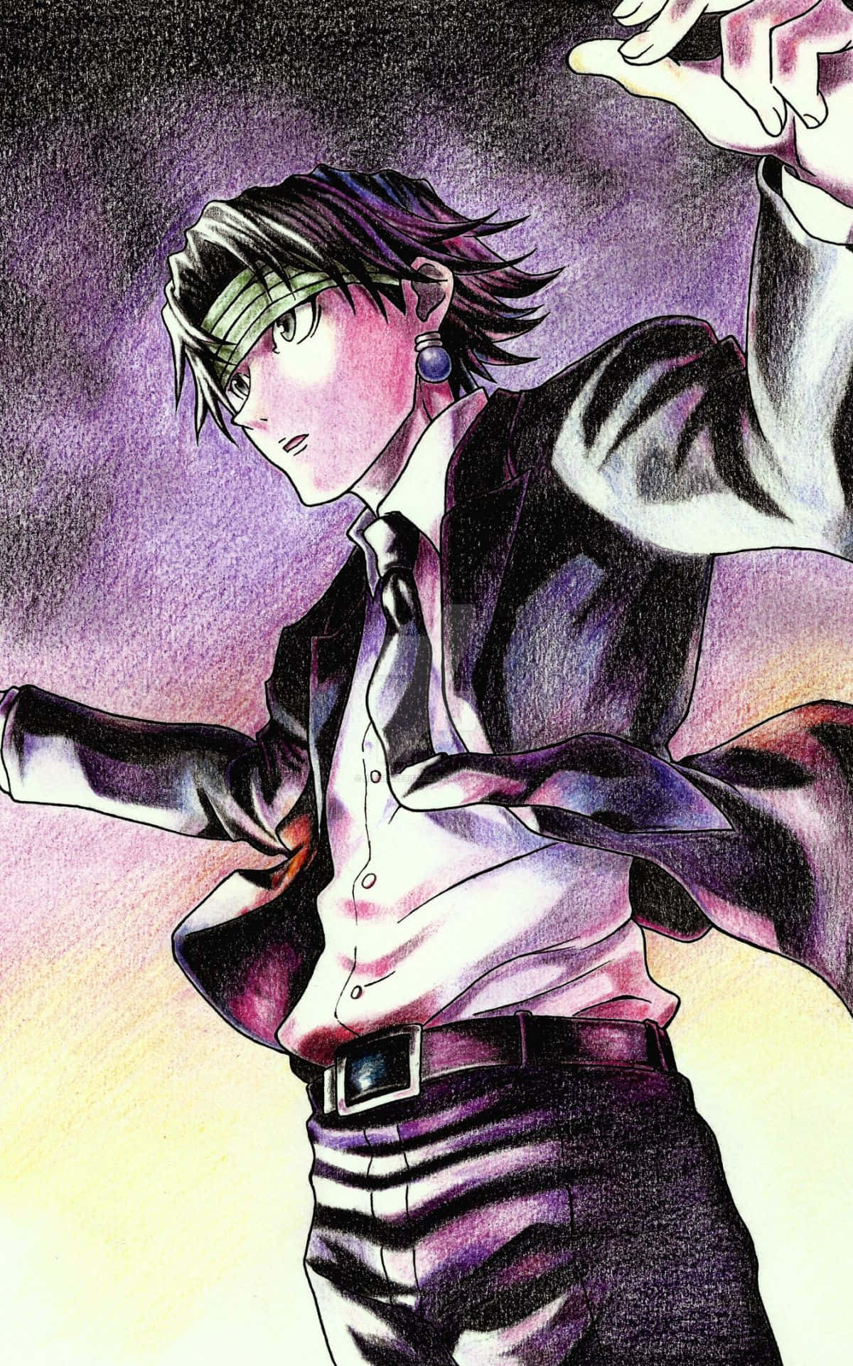 穿著西裝的動漫男性角色在紫色和黃色背景前擺出動作姿勢。