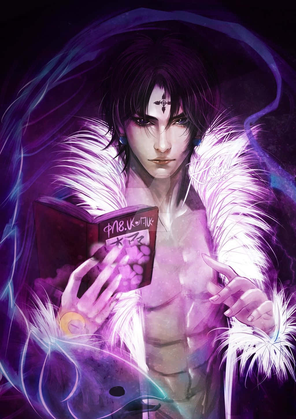 帶有紫色光環的動漫男子，周圍環繞著旋轉的神秘能量，正在閱讀一本發光的書。