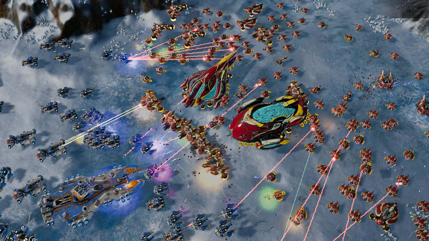 《奇異之灰》科幻遊戲中的場景 壁紙 — 未來戰艦和無人機在雪地景觀中進行戰鬥，伴隨著激光射擊和爆炸。