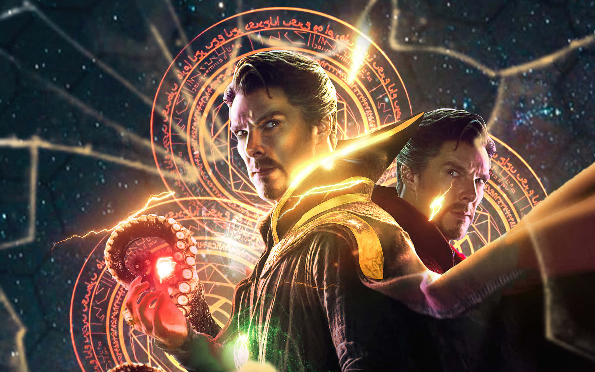 奇異博士在身後發光的符文和宇宙星辰中引導神秘能量。