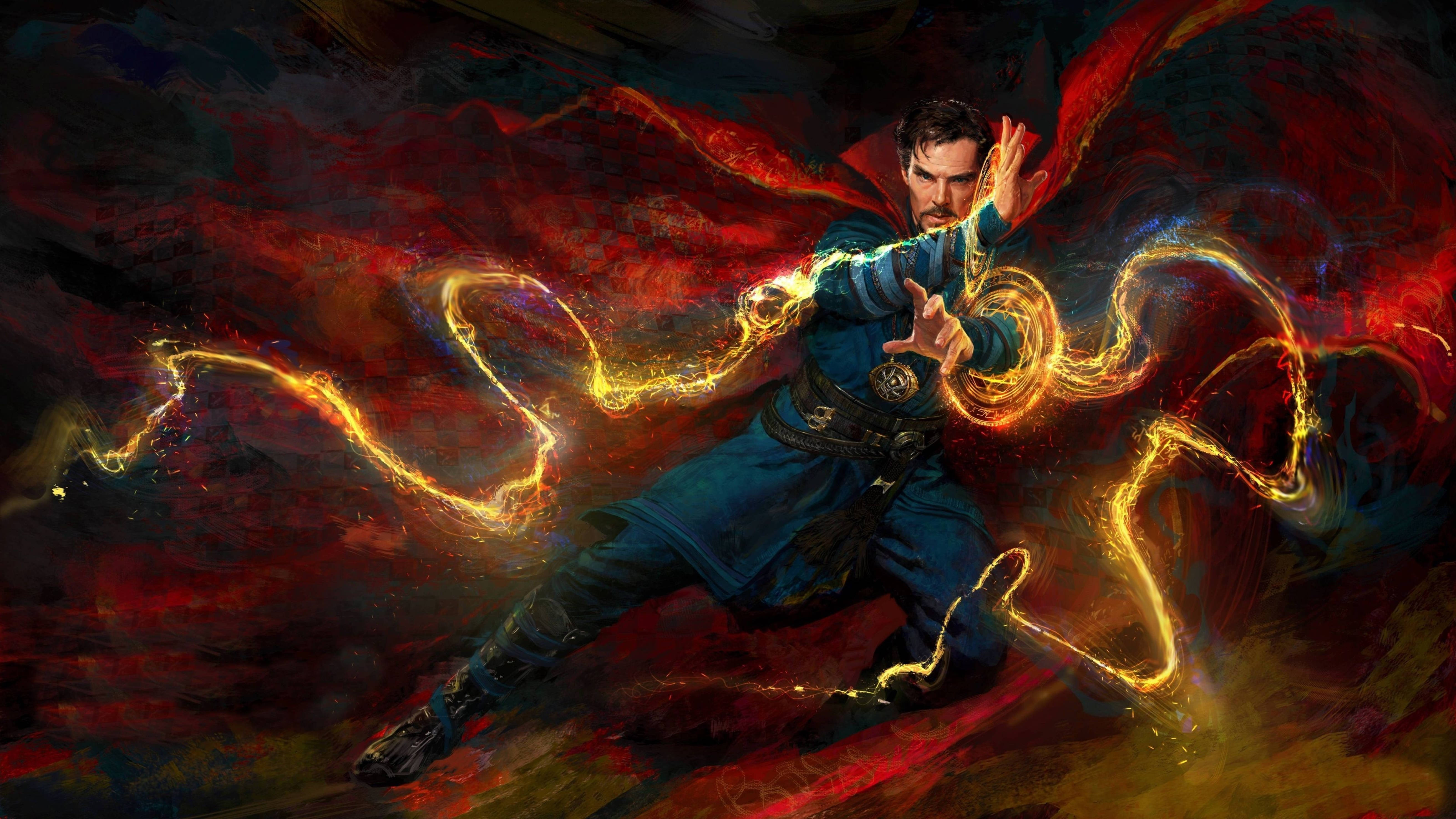 奇異博士在暗紅色環境中施展發光的金色魔法。 — 奇異博士 GIF 壁紙