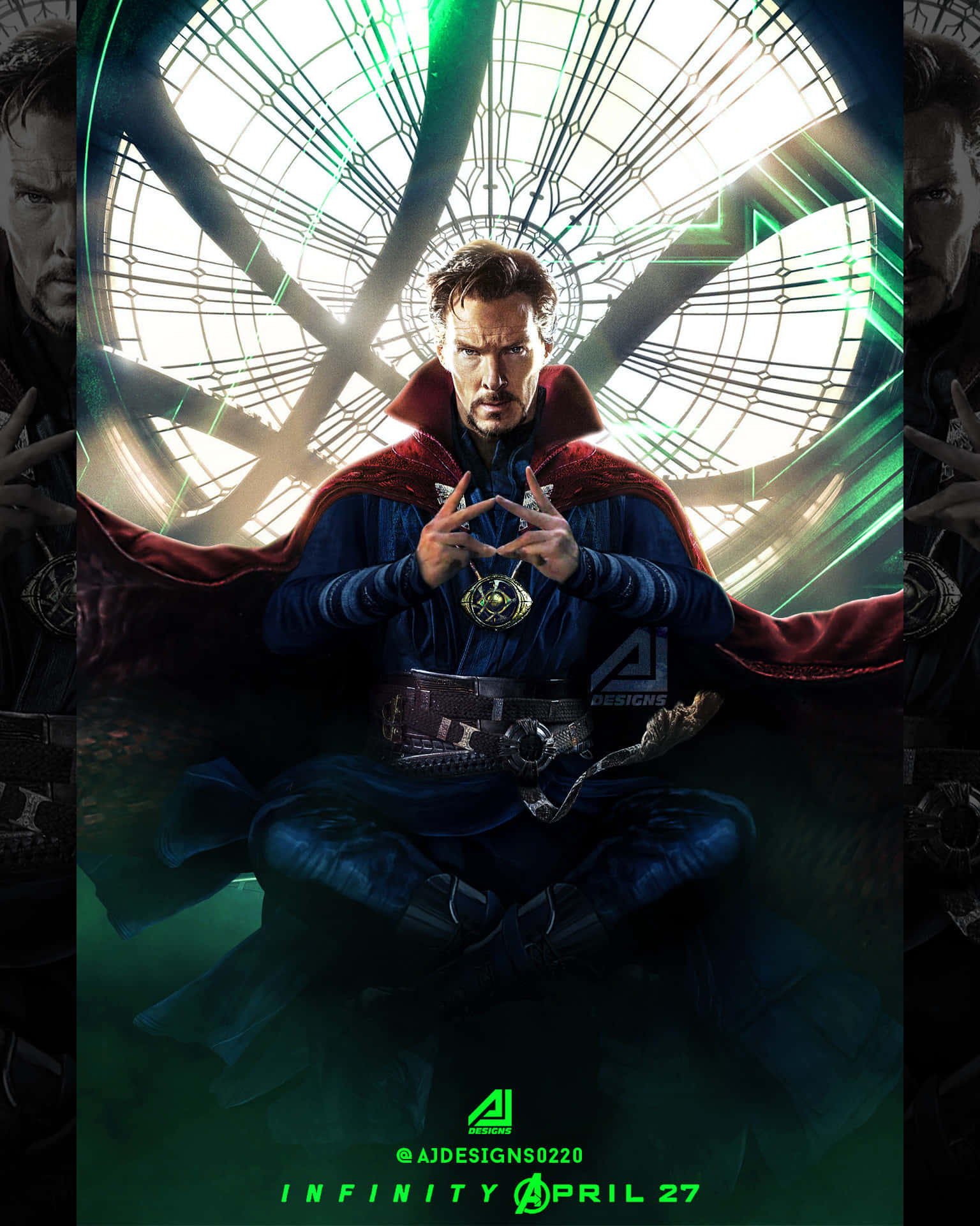 Time Stone 桌布 壁紙 — 奇異博士在一個發光的綠色神秘房間中冥想，身後有複雜的彩色玻璃窗。