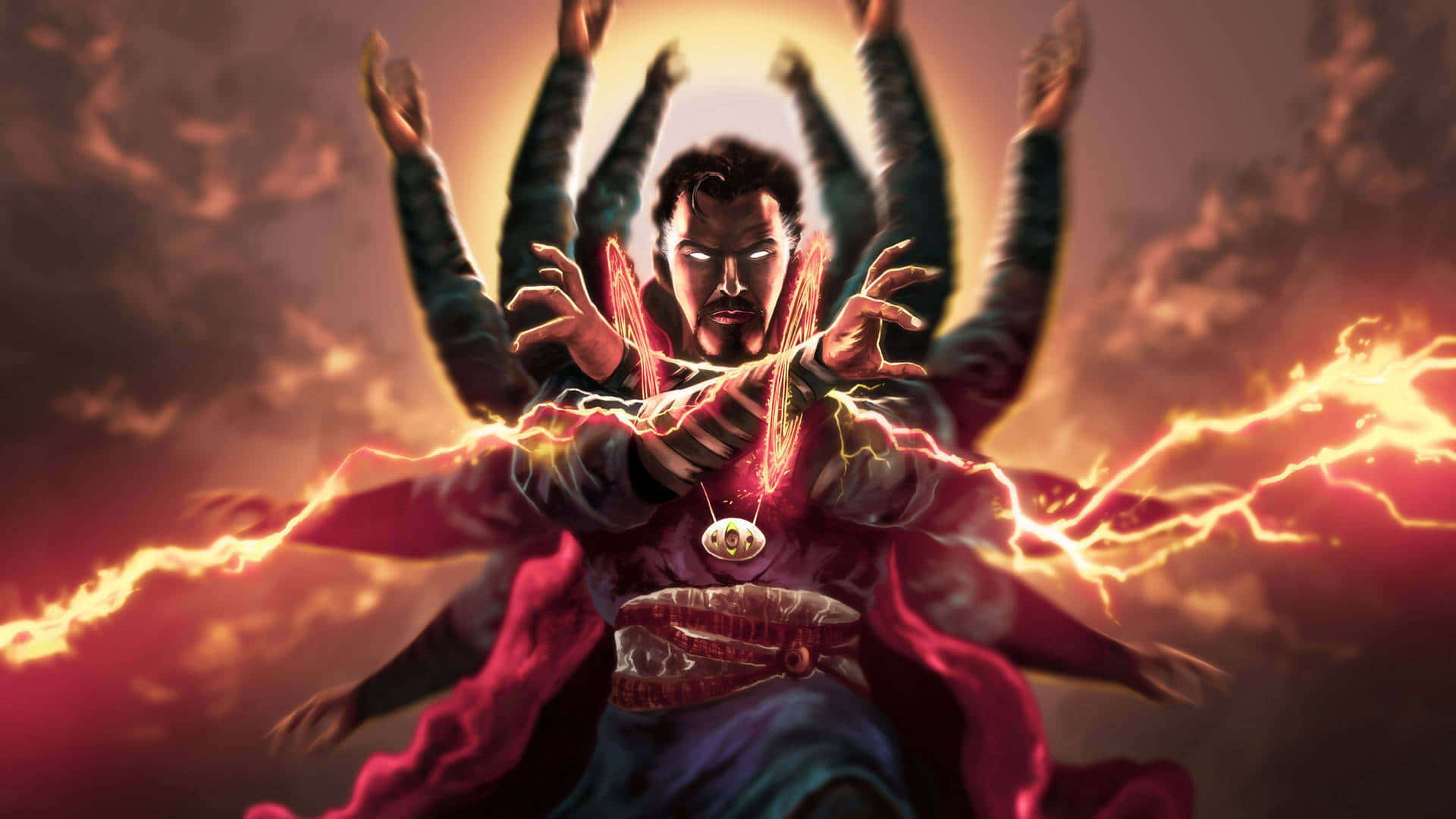 奇異博士 桌布 壁紙 — 奇異博士在熾熱的暴風雨天空中伸出多條手臂引導宇宙能量。
