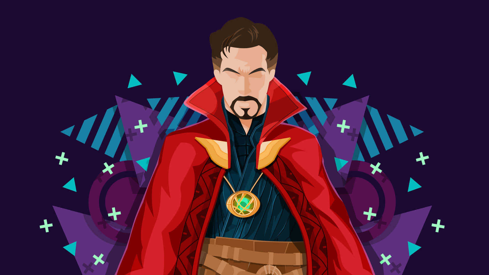 Dr Strange 桌布 壁紙 — 奇異博士自信地站在他標誌性的紅色斗篷和神秘護身符中，背景是充滿活力的幾何圖案。