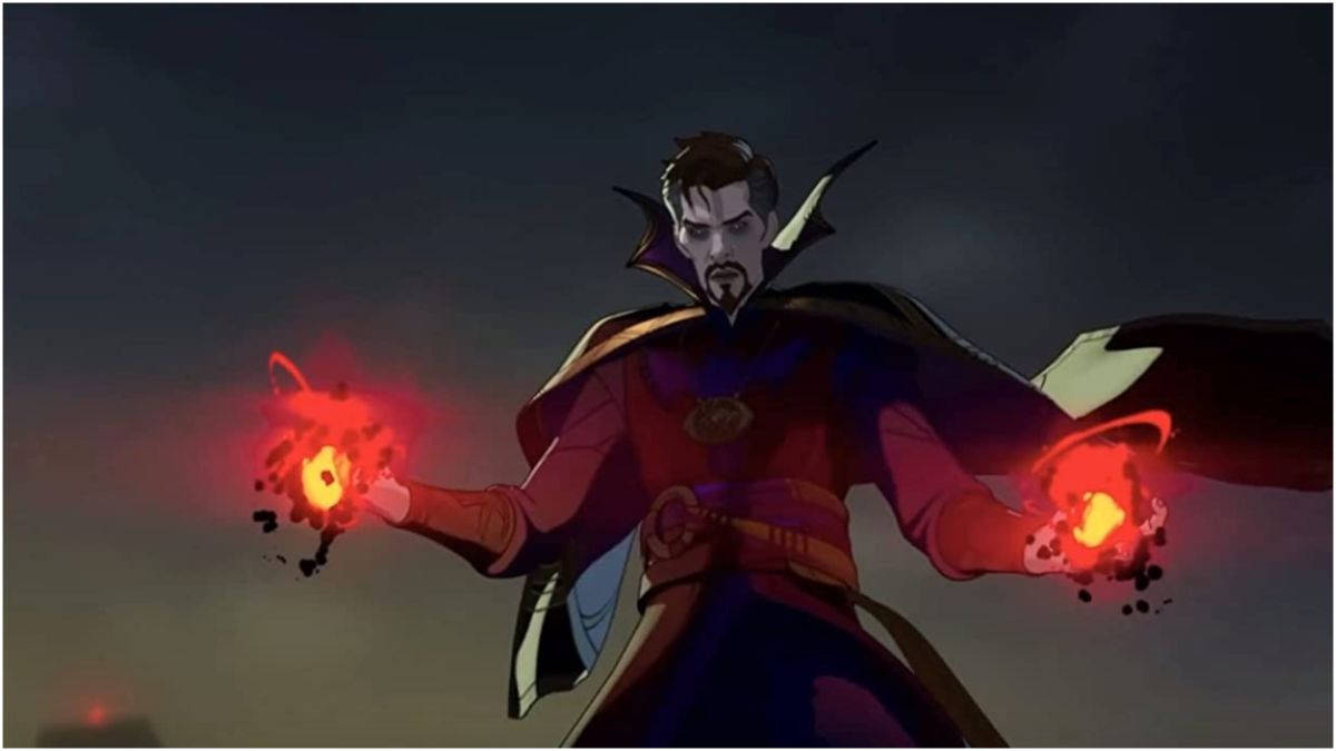 奇異博士從雙手向黑暗的天空釋放紅色魔法能量。