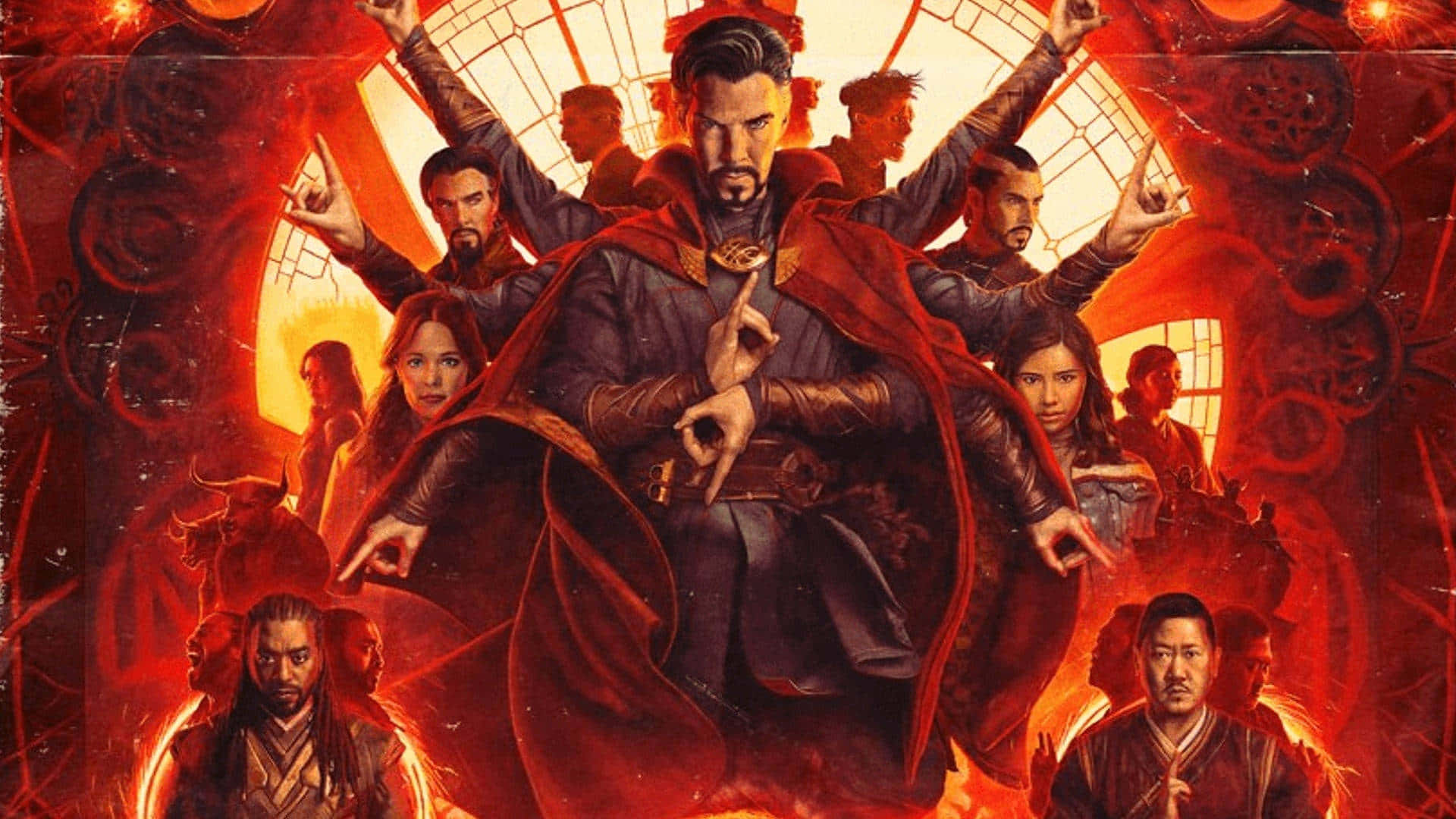 Dr Strange 桌布 壁紙 — 奇異博士身穿紅色斗篷，在熾熱的彩繪玻璃背景下，被盟友包圍，指揮著神秘能量。