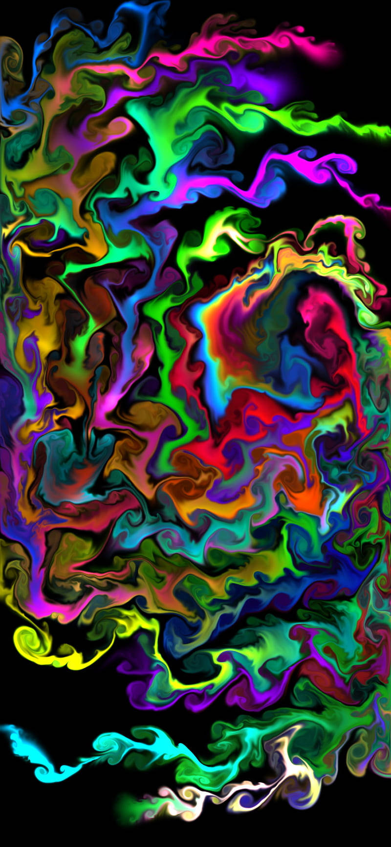 奇異旋轉色彩 壁紙 — 充滿活力的霓虹色液體漩渦在黑色背景上動態流動，呈現迷幻數位藝術作品。