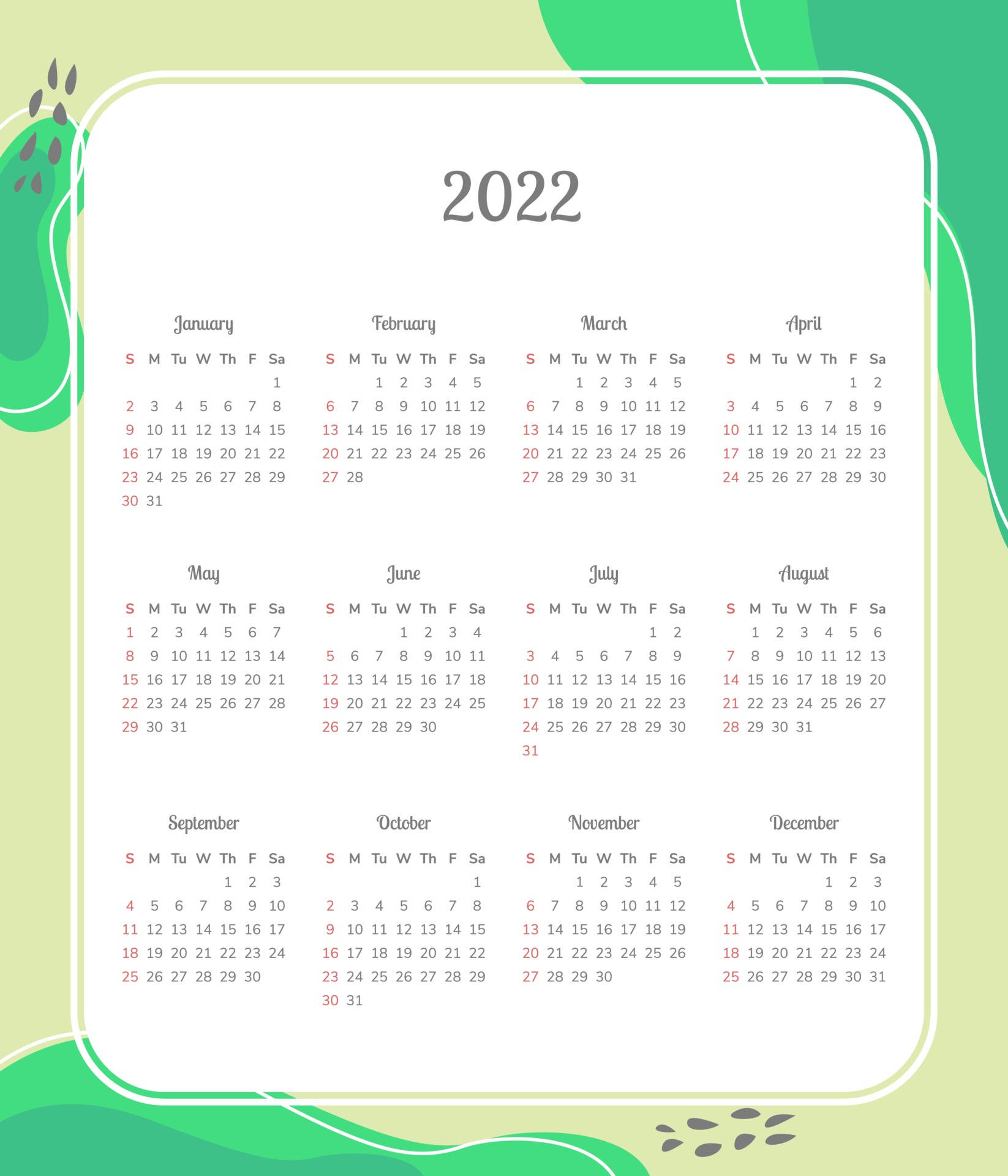 奇異果2022年曆 壁紙 — 2022年年曆，採用簡潔網格和柔和綠色抽象葉片邊框，背景為淺色。