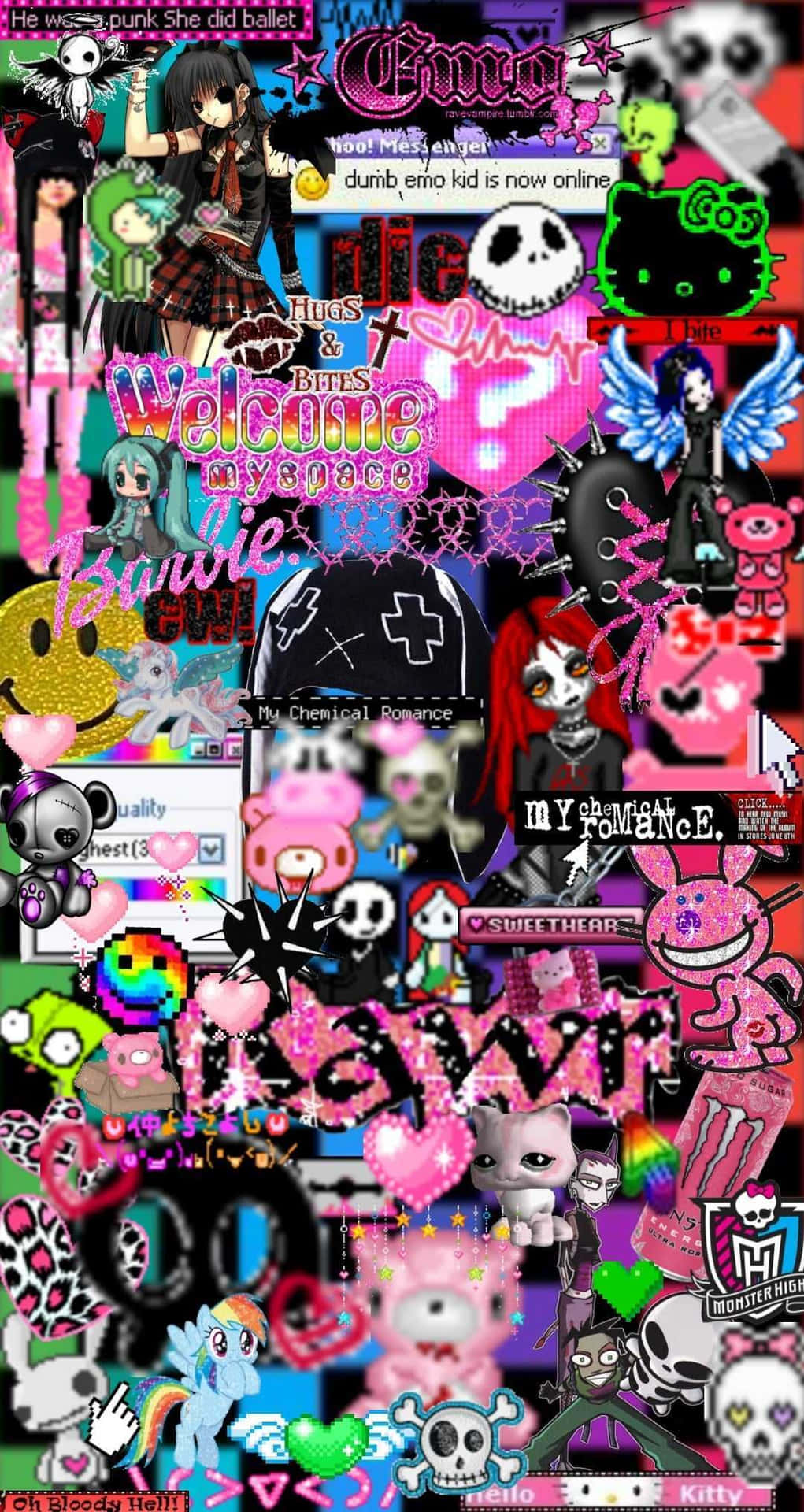 充滿活力的數碼拼貼，包含動漫角色、骷髏頭和MySpace文字，以粉紅和黑色呈現。