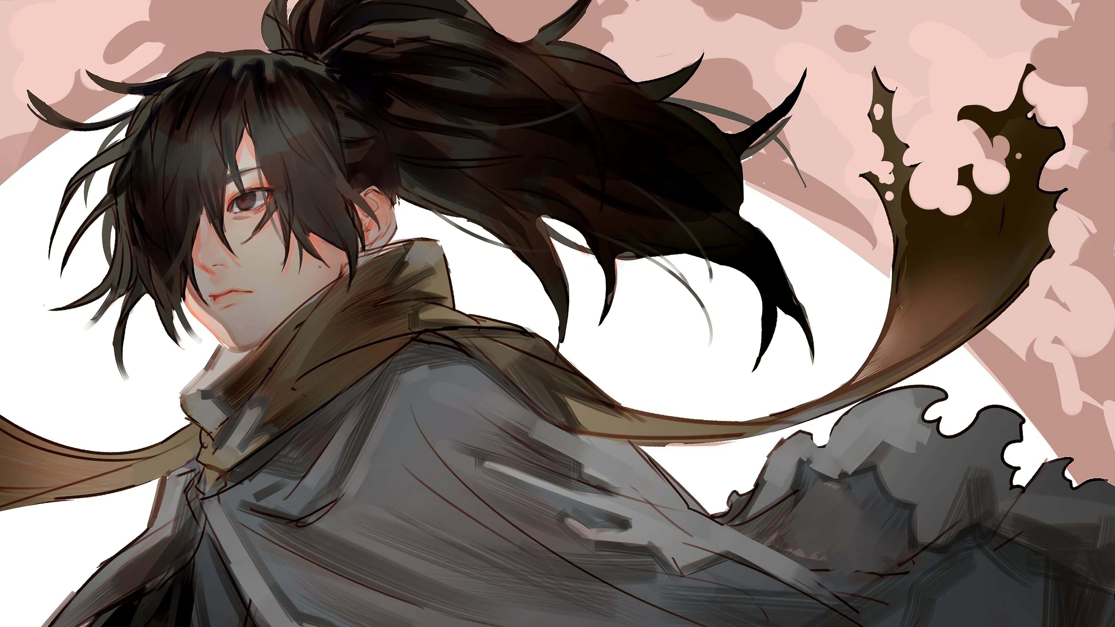 奇異武士多羅羅，踏上尋父與復仇之路 壁紙 — 一個深色頭髮的動漫角色披著斗篷，站在柔和的粉紅色和白色背景前，頭髮飄逸，光線戲劇化。