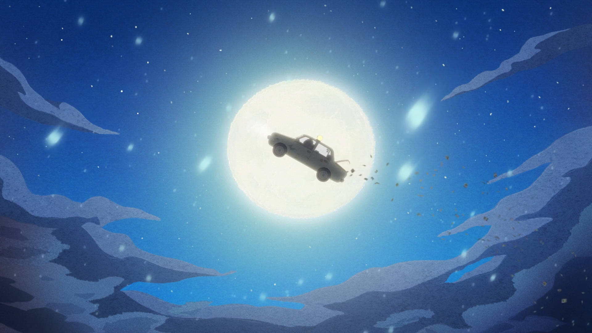 奇異計程車月光下飛行 壁紙 — 一輛復古汽車在繁星點點的夜空中飛翔，背後有一個巨大的月亮，下方有風格化的雲朵。