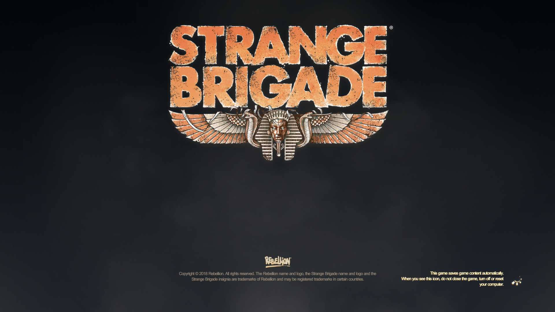 奇異部隊 遊戲開場 壁紙 — Strange Brigade 標誌在深色紋理背景上以古埃及圖案發光。