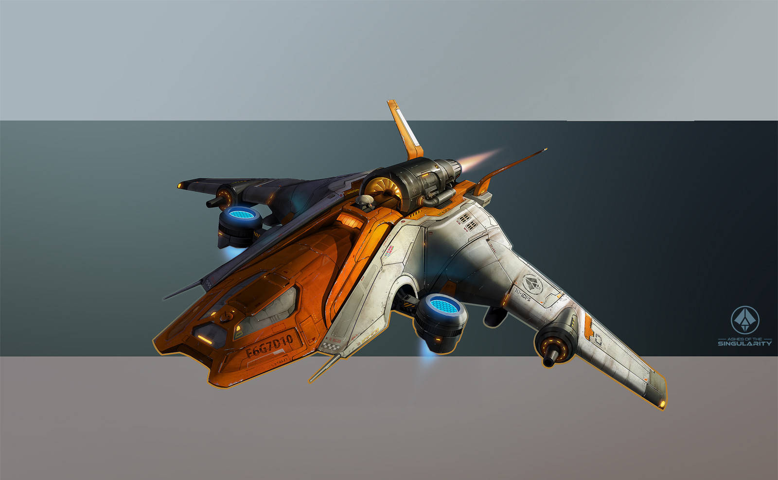 《奇異點灰燼：升級版》 Fury 戰鬥機 壁紙 — 一架時尚的未來戰鬥機，帶有橙色和銀色面板，在漸變的天空中滑翔，配備發光的藍色推進器。